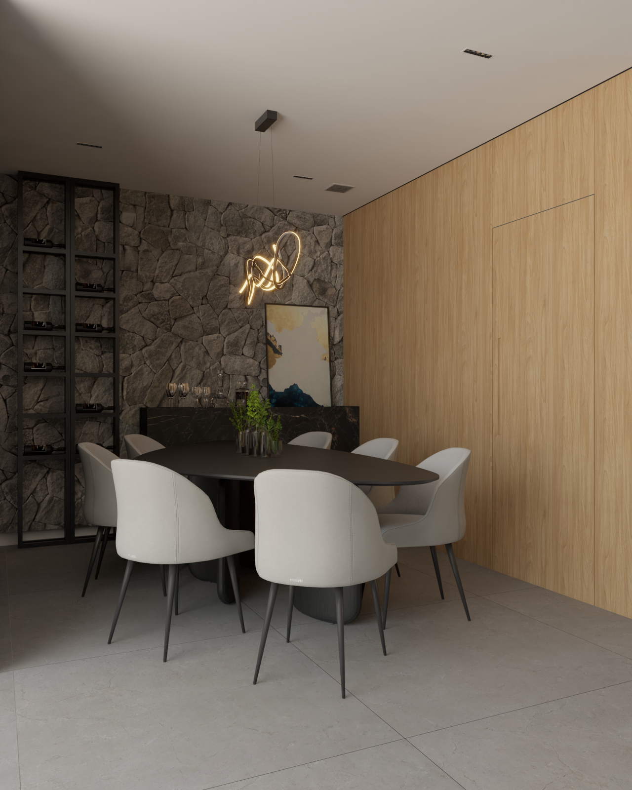 Projeto de interiores de uma sala de jantar